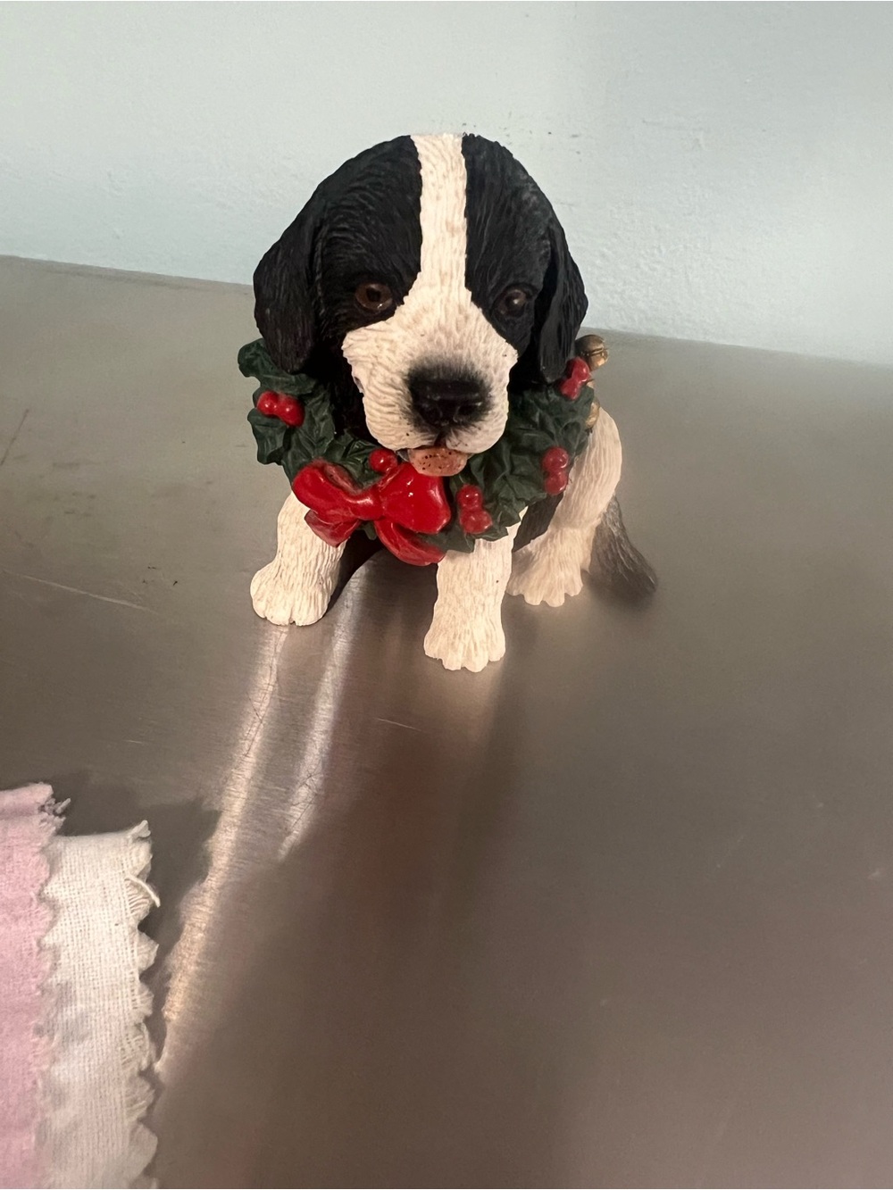 Silver Deer Christmas Black and White Puppy Figurine with Red Wreath